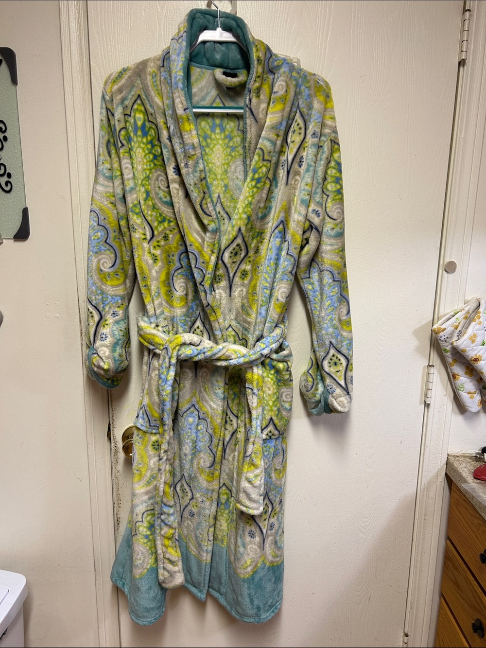Echo Women's Plush Robe in Teal, Lime & Gray Paisley